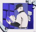  2boys arms_up bags_under_eyes bald baseball_cap baseball_uniform belt book bookshelf border closed_mouth collared_shirt commentary_request cropped_legs elsen_(off) ghost hat holding holding_book layered_clothes layered_sleeves long_sleeves male_focus multiple_boys off_(game) open_book open_mouth pants profile reading seikoo_caffeine shirt shirt_tucked_in short_hair short_over_long_sleeves short_sleeves signature spectre_(off) sportswear the_batter_(off) very_short_hair white_border wing_collar 