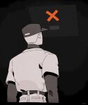  1boy baseball_cap belt black_background commentary_request cowboy_shot from_behind hat highres layered_sleeves long_sleeves looking_up male_focus off_(game) pants seikoo_caffeine shirt_tucked_in short_hair short_over_long_sleeves short_sleeves solo the_batter_(off) twitter_username very_short_hair 