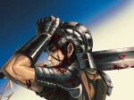  1boy arm_armor arm_up armor berserk black_hair bleeding blood blood_on_armor blood_sword closed_mouth commentary cuts deidora8 from_side guts_(berserk) helmet highres injury male_focus over_shoulder pauldrons short_hair shoulder_armor solo sword sword_over_shoulder weapon weapon_over_shoulder 