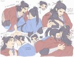  !? 2boys ? all_wishes_come_true! animal animalization arm_guards arm_wrap black_cat black_eyes black_hair black_pants black_sash blue_hanfu blue_trim blush cat chibi chibi_inset chinese_clothes chinese_commentary chinese_text closed_eyes closed_mouth clothes_grab coat commentary_request cup drunk facial_hair hair_bun hair_ornament hair_ribbon half_updo hanfu high_ponytail highres holding holding_animal holding_cat holding_cup hug jewelry kaeru_(qingwali) kneeling leaf leaf_hair_ornament leaf_on_head long_hair looking_at_another lv_dongbin_(all_wishes_come_true!) lying male_focus multiple_boys multiple_views mustache_stubble necklace on_back open_clothes open_coat open_mouth pants parted_bangs pectoral_cleavage pectorals ponytail profile red_coat red_ribbon ribbon robe sash simple_background single_hair_bun sitting smile smirk soul_patch stubble sweatdrop translation_request white_background white_hanfu wide_sleeves yaoi zhongli_quan_(all_wishes_come_true!) 