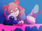  1girl arm_warmers black_nails blue_leg_warmers blue_skirt brown_hair commentary_request crossed_bangs digimon digimon_(creature) digimon_beatbreak fang hair_bun highres jellyfish jewelry leg_warmers lying multicolored_hair multicolored_skirt on_stomach one-eyed open_mouth pink_eyes pink_hair pink_skirt pleated_skirt puyomon ring sakai_honoka skirt smile streaked_hair toba16ks twintails two-tone_hair 