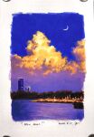  absurdres border building colorful colorful_clouds commentary crescent_moon dated english_commentary highres katayama_joe lake landscape moon night no_humans original outdoors scenery shore skyscraper traditional_media white_border 