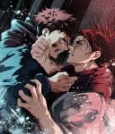  2boys black_hair blood blood_on_arm blood_on_face choso_(jujutsu_kaisen) commentary_request facial_mark highres itadori_yuji jujutsu_kaisen jujutsu_tech_uniform multiple_boys pink_hair renonorakugaki short_hair 