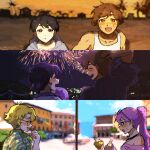  2girls 4boys aerial_fireworks alternate_costume alternate_hairstyle aubrey_(faraway)_(omori) aubrey_(omori) bare_shoulders basil_(faraway)_(omori) basil_(omori) bespectacled black_eyes black_hair blonde_hair blue_eyes blush bright_pupils brother_and_sister brothers brown_eyes brown_hair closed_eyes collarbone collared_shirt commentary dark-skinned_male dark_skin english_commentary fireworks glasses green_shirt grey_hoodie hair_bun hair_ornament hairclip hero_(faraway)_(omori) hero_(omori) highres hood hood_down hoodie kel_(faraway)_(omori) kel_(omori) long_hair looking_at_viewer mari_(faraway)_(omori) mari_(omori) multiple_boys multiple_girls nat_omogu omori open_mouth outdoors parallel_hairclips parted_lips pink_hair ponytail shirt short_hair siblings smile sunny_(omori) sweat tank_top white_pupils white_tank_top 