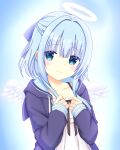  1girl angel angel_wings aqua_eyes black_bow black_ribbon blue_background blue_hair blue_jacket blunt_bangs blush bow casual clenched_hands closed_mouth commentary_request dress dress_bow eyes_visible_through_hair feathered_wings hair_between_eyes hair_ribbon half_updo halo hamidashi_creative hands_up highres hood hood_down hooded_jacket jacket kumaron looking_at_viewer medium_hair nishiki_asumi open_clothes open_jacket ribbon sidelocks simple_background sleeves_past_wrists smile solo upper_body white_dress white_halo white_wings wings 
