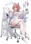  1girl :o absurdres alternate_costume blonde_hair blush breasts brown_eyes cardiogram chair clipboard commentary_request covered_navel crossed_legs curly_hair dark-skinned_female dark_elf dark_skin dress elf fingernails full_body garter_straps hair_between_eyes hair_over_shoulder hair_ribbon high_heels highres holding holding_clipboard holding_syringe hololive id_card intravenous_drip iv_stand lace-trimmed_thighhighs lace_trim lanyard large_breasts long_hair looking_at_viewer maison_de_cante multicolored_hair nurse on_chair open_mouth plant pointy_ears potted_plant red_nails ribbon shiranui_flare shoes short_dress short_sleeves side_ponytail sidelocks simple_background sitting solo stethoscope stethoscope_around_neck streaked_hair swivel_chair syringe taut_clothes taut_dress thighhighs thighs virtual_youtuber white_background white_dress white_shoes white_streaks white_thighhighs whiteboard 