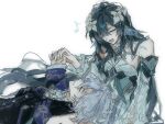  1boy 1girl ahoge ascot bare_shoulders black_hair black_jacket black_vest blue_gem blue_hair blush bow breasts buttons cape choker closed_eyes closed_mouth collared_shirt commentary couple cowboy_shot detached_sleeves dress english_commentary fingernails fins flower frilled_choker frills gem genshin_impact grey_choker hair_between_eyes hair_flower hair_ornament hair_over_one_eye hand_up head_fins hetero highres holding_hands jacket jewelry lapels long_hair long_sleeves lying medium_breasts mitya_(genshin_impact) musical_note necklace on_back on_lap open_clothes open_jacket open_mouth pearl_hair_ornament pendant puffy_detached_sleeves puffy_long_sleeves puffy_sleeves purple_cape shirt short_hair sidelocks simple_background singing sitting sleeveless sleeveless_dress very_long_hair vest vodyanitsa_(genshin_impact) wavy_hair white_ascot white_background white_bow white_dress white_flower white_shirt white_sleeves wide_sleeves yellow_gem yennielove 