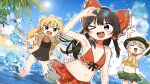  >_o 3girls :d ^_^ alternate_costume arms_up beach bikini bikini_skirt black_hat black_one-piece_swimsuit blonde_hair blue_sky blush blush_stickers bow braid brown_eyes brown_hair closed_eyes cloud commentary_request day frilled_bow frilled_hair_tubes frills green_bow green_hair green_skirt hair_bow hair_tubes hakurei_reimu hat highres hood hoodie kirisame_marisa komeiji_koishi kyuukei_usagi lens_flare long_hair mismatched_bikini multiple_girls navel ocean one-piece_swimsuit one_eye_closed open_clothes open_hoodie open_mouth outdoors red_bikini red_bow sand side_braid single_braid skirt sky smile stomach swimsuit touhou wading water white_bow yellow_bikini yellow_eyes yellow_hoodie 