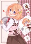  1girl :d bow bowtie brown_skirt cherry collared_shirt commentary_request cup flower flower-shaped_pupils flower_pin food from_behind fruit gochuumon_wa_usagi_desu_ka? hair_flower hair_ornament hairclip heart highres holding holding_tray hoto_cocoa long_skirt long_sleeves looking_at_viewer medium_hair orange_hair parallel_hairclips pink_flower pink_vest purple_eyes rabbit_house_logo rabbit_house_uniform red_bow red_bowtie shirt skirt smile solo_focus symbol-shaped_pupils tareme tippy_(gochiusa) tray vest waitress white_shirt winter_uniform yu_kawara025 