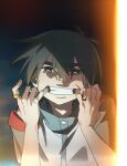  1boy black_eyes black_hair cape cheek_pull commentary false_memory highres jacket jewelry looking_at_viewer male_focus protagonist_halo red_cape ricecake_liang ring solo teeth thick_eyebrows upper_body 
