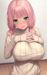  1girl bang_dream! bangs blurry blurry_background blush breasts covered_nipples fingernails green_eyes hair_ribbon huge_breasts indoors lambda_(kusowarota) long_sleeves looking_at_viewer low_twintails medium_hair open_mouth own_hands_together pink_hair pink_ribbon raised_eyebrows ribbed_sweater ribbon sleeves_past_wrists smile solo sweater twintails uehara_himari white_sweater 