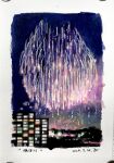  absurdres aerial_fireworks blue_sky border building city_lights commentary_request dated fireworks highres katayama_joe night no_humans original outdoors scenery sky traditional_media white_border 