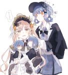  2girls bird_hat_ornament black_bow black_bowtie black_capelet black_flower black_hat black_rose blonde_hair blue_hair blue_necktie blue_skirt bonnet bow bow_flower bowtie braid braided_hair_rings capelet clone collared_shirt commentary_request contrast_collar deerstalker dress flower frilled_capelet frilled_dress frilled_sleeves frills green_bonnet green_eyes grey_vest hair_bow hair_flower hair_ornament hair_rings hat hat_bow highres holding holding_mini_person lolita_fashion long_hair long_sleeves mahou_shoujo_no_majo_saiban mini_person minigirl mopumopu107 multiple_girls necktie plaid_clothes plaid_skirt rose shirt short_hair simple_background skirt speech_bubble squiggle tachibana_sherry tono_hanna translation_request tulip twintails vest white_background white_flower white_rose white_shirt white_tulip wide_sleeves winged_hat yellow_eyes yellow_flower yellow_rose yuri 