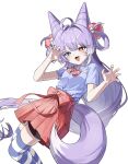  1girl :3 absurdres ahoge animal_ears bike_shorts bike_shorts_under_skirt blue_eyes blue_shirt blue_thighhighs bow breasts claw_pose commentary cone_hair_bun double_bun fake_animal_ears fang fluffy_tail fox_ears fox_girl fox_tail hair_bun hair_ears hair_intakes hair_ornament hair_rings heterochromia highres korean_commentary long_hair long_sidelocks looking_at_viewer miniskirt multicolored_eyes multicolored_thighhighs omyomyo1234 open_mouth pink_pupils pom_pom_(clothes) pom_pom_hair_ornament purple_hair purple_tail red_bow red_ribbon red_skirt ribbon ribbon-trimmed_skirt ribbon_trim shirt short_sleeves sidelocks simple_background skirt skirt_bow small_breasts solo stellive striped_clothes striped_thighhighs tail tenko_shibuki tenko_shibuki_(1st_costume) thighhighs two-tone_tail two-tone_thighhighs very_long_hair virtual_youtuber white_background white_tail white_thighhighs yellow_eyes yellow_pupils zettai_ryouiki 