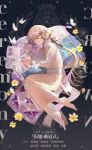  1boy absurdres anklet barefoot black_background black_ribbon book call_of_cthulhu closed_eyes commentary_request copyright_name curtained_hair fetal_position flower full_body hair_between_eyes hair_ribbon highres jewelry kadai:_taikanshiki light_blush long_hair long_sleeves low_ponytail lying male_focus mandarin_collar on_side open_book parted_lips pillow ponytail revan_aurelia ribbon robe sash sleeping solo ttarou110 very_long_hair waist_sash white_hair white_robe yellow_flower 