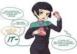  1girl black_hair bob_cut box chocolate commentary english_commentary english_text food gift green_eyes heart-shaped_box highres holding holding_box holding_chocolate holding_food holding_gift jarv looking_at_viewer mole mole_under_eye open_mouth original pointy_ears raised_eyebrow short_hair solo star_trek starfleet_uniform tsundere valentine vulcan white_background 