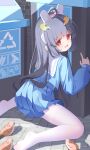  1girl absurdres ahoge animal_ear_hairband animal_ears bird black_hair blue_archive blue_serafuku blue_shirt blue_skirt blunt_bangs blush bright_pupils chinese_commentary commentary double_horizontal_stripe fake_animal_ears full_body hair_intakes hairband highres leaf leaf_on_head long_hair long_sleeves looking_at_viewer miniskirt miyu_(blue_archive) ningmeng_jing_jing_jing_jing no_shoes open_mouth pantyhose pleated_skirt rabbit_ear_hairband rabbit_ears red_eyes sailor_collar school_uniform serafuku shadow shirt sidelocks sitting skirt solo thighband_pantyhose trash_can wariza white_hairband white_pantyhose white_pupils white_sailor_collar 