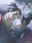  2boys all_wishes_come_true! arm_wrap black_hair blue_hanfu blue_trim branch chinese_clothes closed_mouth cloud cloudy_sky coat commentary_request eye_contact face-to-face facial_hair falling_leaves from_side grey_eyes hair_bun hair_ornament hair_ribbon half_updo hand_on_another's_face hand_on_another's_neck hand_on_another's_wrist hanfu high_ponytail highres imminent_kiss kaeru_(qingwali) key key_in_mouth leaf leaf_hair_ornament long_hair looking_at_another lv_dongbin_(all_wishes_come_true!) male_focus mouth_hold multiple_boys mustache_stubble open_clothes open_coat open_mouth outdoors parted_bangs ponytail profile red_coat red_ribbon ribbon robe single_hair_bun sky smile soul_patch stubble teeth_hold tree twitter_username water white_hanfu yaoi zhongli_quan_(all_wishes_come_true!) 