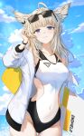  1girl absurdres ahoge alternate_costume animal_ears arknights arknights:_endfield bird_ears bird_girl blonde_hair blue_eyes breasts closed_mouth commentary_request covered_navel dabbin2000 hand_up highleg highres jacket light_blush long_hair looking_at_viewer medium_breasts off_shoulder one-piece_swimsuit open_clothes open_jacket perlica_(arknights) solo surfboard swimsuit upper_body white_jacket white_one-piece_swimsuit yellow_pupils 