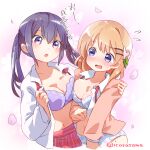  2girls :o absurdres artist_name blue_eyes blush breast_press breasts cardigan cleavage commentary_request commission cowboy_shot embarrassed falling_petals flying_sweatdrops gochuumon_wa_usagi_desu_ka? highres hoto_cocoa icorasama large_breasts looking_at_another medium_hair multiple_girls open_cardigan open_clothes open_shirt orange_cardigan orange_hair petals pink_petals pixiv_commission purple_eyes red_skirt shirt skirt symmetrical_docking tedeza_rize translation_request twintails underwear white_shirt yuri 