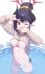  1girl absurdres bikini black_hair blue_archive breasts brown_shrug chiaki_(blue_archive) chiaki_(swimsuit)_(blue_archive) cleavage commentary demon_horns facing_viewer finger_frame hair_bun hair_ornament hair_scrunchie hair_up halo highres horns jewelry long_sleeves looking_at_viewer multicolored_horns n_sol navel o-ring o-ring_bikini open_mouth orange_scrunchie pendant pointy_ears red_eyes red_halo scrunchie shrug_(clothing) side-tie_bikini_bottom simple_background slit_pupils small_breasts smile solo stomach swimsuit wading water white_bikini 