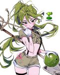  1girl absurdres artist_logo artist_name ball black_eyes bright_pupils brown_shirt brown_shorts commentary crop_top cuts dixretsa earrings english_text furrowed_brow green_hair hair_flowing_over high_ponytail highres holding holding_ball holding_shovel injury jewelry leaf logo long_hair midriff navel peas peashooter_(plants_vs._zombies) personification plant plants_vs._zombies ponytail reference_inset scratches sentient_plant serious shirt shorts shovel solo suspenders thigh_strap v-shaped_eyebrows white_background white_pupils 