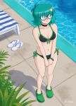  1girl absurdres aqua_hair artist_name bikini black_bikini black_choker breasts bush choker cleavage collarbone commentary crocs english_commentary flipped_hair front-tie_bikini_top front-tie_top full_body glasses green_bikini highres leaf medium_breasts multicolored_bikini navel omegadez original own_hands_together pool poolside round_eyewear short_hair side-tie_bikini_bottom slippers solo standing string_bikini summer swimsuit tile_floor tiles triangle_bikini_top two-tone_bikini 