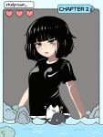  1girl bags_under_eyes black_eyes black_hair black_shirt blunt_bangs breasts cat commentary_request fish grey_background heart korean_commentary looking_at_viewer medium_breasts ocean open_mouth original shirt short_hair short_sleeves solo t-shirt upper_body whale winnu 