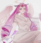  1girl ancient_greek_clothes angel angel_wings breasts circlet cleavage colored_skin commentary cookie_run cookie_run:_kingdom demon_girl demon_tail demon_wings dress eternal_sugar_cookie feathered_wings forehead gem greco-roman_clothes halo heart-shaped_gem highres holding holding_instrument holding_lyre humanization instrument jewelry long_hair looking_at_viewer loonamoon lyre multiple_wings parted_bangs parted_lips pink_gem pink_skin ringlets sidelocks simple_background sitting solo tail traditional_halo white_background white_dress white_eyeshadow wings 