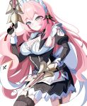  1girl absurdres allie_(stella_sora) black_dress blush border bow bowtie breasts cleavage closed_mouth clothing_cutout commentary_request dress dual_wielding frills green_eyes gun hair_between_eyes hand_up highres holding holding_gun holding_weapon juliet_sleeves large_breasts long_hair long_sleeves looking_at_viewer maid_headdress multiple_hair_ribbons outdoors pink_hair puffy_sleeves purple_bow purple_bowtie ris_guumy shoulder_cutout simple_background smile solo stella_sora upper_body weapon white_background 