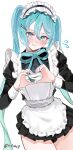  1girl :t absurdres apron black_dress black_hairband blue_eyes blue_hair blue_ribbon blush closed_mouth commentary cowboy_shot double-parted_bangs dress flying_sweatdrops frilled_apron frilled_hairband frills hair_between_eyes hair_ornament hairband hairclip hatsune_miku heart heart_hands highres juliet_sleeves long_hair long_sleeves looking_at_viewer maid maid_headdress neck_ribbon parallel_hairclips puffy_sleeves ribbon short_dress simple_background solo twintails twitter_username very_long_hair vocaloid white_apron white_background yomi_46neko 