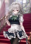  1girl absurdres apron black_pantyhose blue_dress braid breasts closed_mouth commentary cropped_legs dress grey_hair highres holding holding_knife holding_pocket_watch izayoi_sakuya knife looking_at_viewer maid maid_headdress medium_breasts pantyhose pocket_watch pudding_(skymint_028) red_eyes shirt short_dress side_braid sleeveless sleeveless_dress smile solo stairs throwing_knife torn_clothes torn_pantyhose touhou waist_apron watch weapon white_apron white_shirt window 