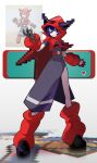  1boy 1girl arm_warmers belt black_dress black_gloves black_shoes blue_eyes blue_hair breasts brendan_(pokemon) chromatic_aberration cloak courtney_(pokemon) derivative_work dress fake_claws fake_horns game_screenshot_inset gloves highres hood hood_up horned_headwear horned_hood horns leg_warmers looking_at_viewer open_mouth pixelated pokemon pokemon_ruby/sapphire/emerald red_arm_warmers red_belt red_cloak red_hood red_leg_warmers screenshot_inset shakeeeeeeeee shoes short_hair side_slit socks sprite_redraw team_magma team_magma_uniform 
