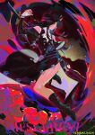  1other absurdres androgynous artist_name ascot asymmetrical_gloves bare_shoulders black_boots black_gloves black_hair blood boots character_name commentary detached_sleeves english_commentary floating_hair formal_clothes full_body gloves guilty_gear guilty_gear_strive hat high_heels highres holding holding_scythe holding_weapon long_hair looking_to_the_side other_focus pembiklimon red_eyes scythe side_slit skull testament_(guilty_gear) thighs top_hat twisted_torso weapon white_ascot white_gloves 
