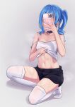  1girl black_shorts blue_choker blue_hair breasts camisole choker clothes_lift commentary english_commentary full_body highres holding holding_phone hololive hoshimachi_suisei medium_hair nixour no_shoes phone selfie shirt_lift short_shorts shorts side_ponytail sidelocks simple_background small_breasts solo stomach strap_slip sweat thighhighs virtual_youtuber white_camisole white_thighhighs 