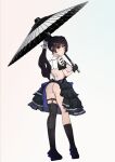  1girl alternate_costume ass asymmetrical_legwear back back_bow black_boots black_bow black_gloves black_hair black_skirt black_thighhighs black_umbrella blunt_bangs blunt_ends blush boots bow breasts censored closed_mouth clothing_cutout commentary_request commission footwear_bow frilled_gloves frilled_sleeves frills from_behind full_body gloves green_eyes hand_up heart heart_censor heaven_burns_red highres holding holding_umbrella kneepits large_breasts looking_at_viewer looking_back medium_skirt natsume_inori nipples no_bra no_panties oc_(old-c) oil-paper_umbrella ponytail puffy_short_sleeves puffy_sleeves revealing_clothes shiny_skin short_sleeves shoulder_cutout shrug_(clothing) sidelocks simple_background single_thighhigh skeb_commission skirt solo standing sweatdrop thigh_strap thighhighs thighs umbrella under_umbrella white_background 
