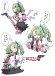  1girl absurdres arm_warmers asymmetrical_bangs backpack bag blush caseee999 closed_eyes commentary green_eyes green_hair gun hair_ornament hairclip handgun highres holding holding_gun holding_weapon leg_warmers multiple_hairclips necktie one_side_up open_mouth pink_bag raised_inner_eyebrows red_necktie shirt side_ponytail squatting striped_arm_warmers striped_leg_warmers sunna_(zenless_zone_zero) translated virtual_pet_(toy) weapon white_shirt white_wings wings zenless_zone_zero 
