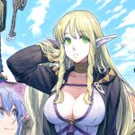  2girls antelise_antik arm_up bird black_robe blonde_hair blue_eyes blue_hair blue_sky blurry breasts cleavage closed_mouth cloud cloudy_sky collarbone commentary_request cropped day depth_of_field dress drill_hair drill_sidelocks elf eyelashes flying full_cleavage green_eyes hand_in_own_hair hood hood_down hooded_robe isekai_mokushiroku_mynoghra jun_(navigavi) large_breasts long_hair long_sleeves looking_at_another looking_at_viewer looking_to_the_side maria_elfuur multiple_girls nose novel_illustration official_art open_clothes open_robe outdoors parted_lips pointy_ears robe sidelocks sky smile teeth too_many too_many_birds upper_body white_dress 