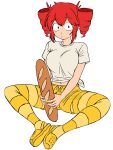 1girl absurdres baguette birdbrain_(synthesizer_v) bread breasts butterfly_sitting commentary crocs double-parted_bangs drill_hair english_commentary flat_color food full_body hair_between_eyes highres holding_bread kasane_teto leelee_903 looking_at_viewer medium_breasts midriff navel puckered_lips raised_eyebrows red_hair shirt shoes short_hair short_shorts short_sleeves shorts signature simple_background sitting solo striped_clothes striped_thighhighs synthesizer_v thighhighs tied_shirt twin_drills utau white_background white_shirt yellow_shoes yellow_shorts yellow_thighhighs 