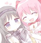  2girls :d ^_^ absurdres akemi_homura akemi_homura_(magical_girl) black_hair blush_stickers bow bow_choker bowtie capelet chico_suke choker closed_eyes collarbone commentary_request dress grey_capelet highres kaname_madoka kaname_madoka_(magical_girl) long_hair long_sleeves magical_girl mahou_shoujo_madoka_magica mahou_shoujo_madoka_magica_(anime) multiple_girls open_mouth pink_dress pink_hair purple_bow purple_bowtie purple_eyes red_choker shirt short_hair short_sleeves sidelocks simple_background smile soul_gem_(madoka_magica) upper_body white_background white_shirt 