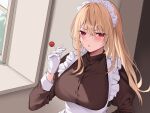  1girl absurdres blonde_hair breasts brown_dress candy cigarette dress food gloves highres hizuki_higure holding holding_candy holding_food holding_lollipop large_breasts lollipop long_hair long_sleeves looking_at_viewer maid maid_headdress original parted_lips red_eyes solo steam v-shaped_eyebrows voice_drama_available white_gloves window 