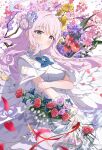  1girl angel_wings blue_archive blush breasts commentary_request dress feathered_wings flower hair_bun hair_flower hair_ornament halo highres large_breasts long_hair looking_at_viewer low_wings mika_(blue_archive) miyako_0 open_mouth pink_hair pink_halo single_side_bun smile solo white_wings wing_ornament wings yellow_eyes 