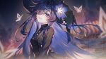  1girl black_coat black_shirt blue_eyes blue_flower blue_hair bright_pupils bug butterfly coat commentary elsword flower gat_(hat) grin hair_between_eyes hat hat_flower highres long_hair long_sleeves looking_at_viewer multicolored_eyes nisha_labyrinth_(elsword) nurumi_p official_alternate_costume open_clothes open_coat pink_eyes shirt smile solo tassel turtleneck two-tone_eyes upper_body very_long_hair white_pupils 