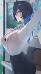  1girl absurdres arm_up black_bra blue_eyes blue_hair bra bra_visible_through_clothes breasts commentary commission hair_intakes highres hololive hololive_english lace-trimmed_bra lace_trim large_breasts looking_at_viewer multicolored_hair open_mouth ouro_kronii see-through_clothes see-through_shirt shirt short_hair solo two-tone_hair underwear virtual_youtuber wet white_shirt yoellim5 