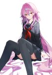  1girl absurdly_long_hair absurdres alternate_costume alternate_hair_length_(longer) black_sailor_collar black_serafuku black_shirt black_skirt black_thighhighs cahangonn closed_mouth commentary evernight_(honkai:_star_rail) expressionless feet_out_of_frame hair_spread_out highres honkai:_star_rail honkai_(series) long_hair long_sleeves looking_at_viewer march_7th_(honkai:_star_rail) neckerchief pink_hair red_eyes red_neckerchief sailor_collar school_uniform serafuku shirt simple_background sitting skirt solo thighhighs very_long_hair white_background 