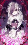  1girl bare_shoulders bib_collar chinstrap choker commentary_request detached_sleeves dress frilled_choker frilled_hairband frilled_sleeves frills hair_over_one_eye hairband highres holding holding_stuffed_toy ka_po_su lolita_hairband long_hair long_sleeves looking_at_viewer mahou_shoujo_no_majo_saiban minna_de_zutto_shiawase_ni_kazoku_de_issho_ni_tanoshii_party_wo natsume_an-an purple_eyes see-through_hair sitting sleeve_bow sleeves_past_fingers sleeves_past_wrists smile solo spoilers stuffed_animal stuffed_toy teddy_bear white_choker white_dress white_hair wide_sleeves 