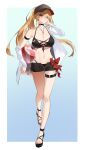  1girl alternate_costume alternate_hairstyle arm_strap ball baseball_cap beachball bikini black_bikini black_choker black_hat black_sandals black_shorts blonde_hair border breasts choker commentary evelyn_chevalier gradient_background hair_down hat highres jewelry large_breasts mmmi00745393271 navel necklace open_clothes open_fly open_shirt ponytail sandals shirt short_shorts shorts solo swimsuit thigh_strap white_border white_shirt zenless_zone_zero 