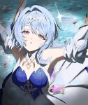  1girl armband armpits arms_up ballerina bare_shoulders blue_dress blue_gem blue_hair breasts commentary_request cowboy_shot dancing dress eyelashes feather_hair_ornament feathers fur_collar gem genshin_impact gold_shoes hair_between_eyes hair_ornament hairband heart-shaped_gem high_heels highres lake leg_up looking_up medium_breasts miyamiyayaaaa odette_(genshin_impact) open_mouth pantyhose petals pink_gem purple_eyes shadow shoes short_hair sidelocks solo sparkle strapless strapless_dress two-tone_dress white_armband white_dress white_feathers white_hairband white_pantyhose 