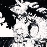  2girls :d ahoge angelina_(arknights) angelina_the_mellow_wish_(arknights) animal_ear_fluff animal_ears arknights artist_request chinese_commentary clenched_hands collar commentary_request commission detached_sleeves dress drill_hair fingerless_gloves fox_ears fox_girl gloves greyscale hair_between_eyes hairband hand_on_another's_shoulder hands_up highres infection_monitor_(arknights) long_hair long_sleeves looking_at_viewer looking_to_the_side monochrome multicolored_hairband multiple_girls open_mouth pleated_dress profile rabbit_ears rabbit_girl sample_watermark second-party_source sky smile standing thumpy_(arknights) twintails two-tone_hairband upper_body watermark 
