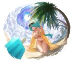  1girl absurdres aqua_hair beach bikini blue_archive blue_sky breasts commentary eyewear_on_head floral_print floral_print_bikini food green_halo hair_over_one_eye halo highres hiyori_(blue_archive) hiyori_(swimsuit)_(blue_archive) jacket large_breasts multicolored_bikini official_alternate_costume orange_bikini outdoors palm_tree plump popsicle print_bikini sand see-through_clothes see-through_jacket seewlee side_ponytail sky solo sunglasses swimsuit tree yellow-framed_eyewear 